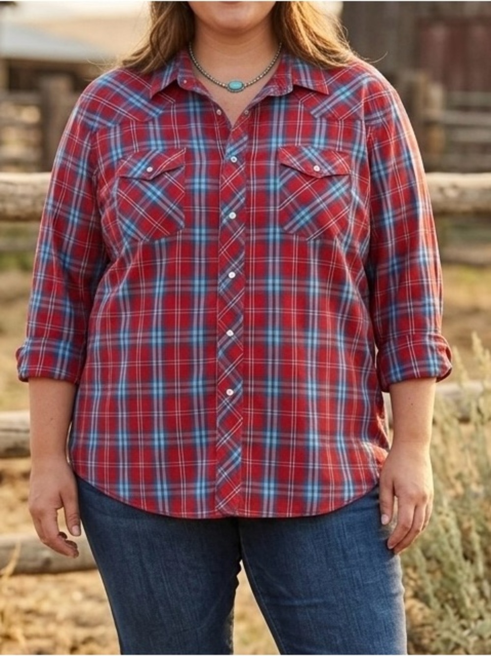 Wrangler Bright Red & Blue Plaid Western Shirt long sleeves‎ lightweight XXL